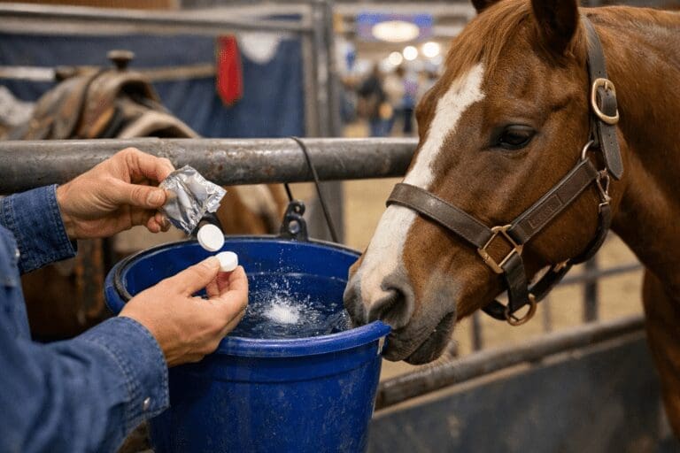 A horse drinks from a 5 gallon pail